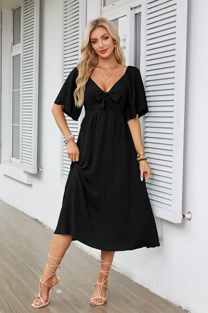 Vestido informal de manga corta con lazo y escote en V para mujer