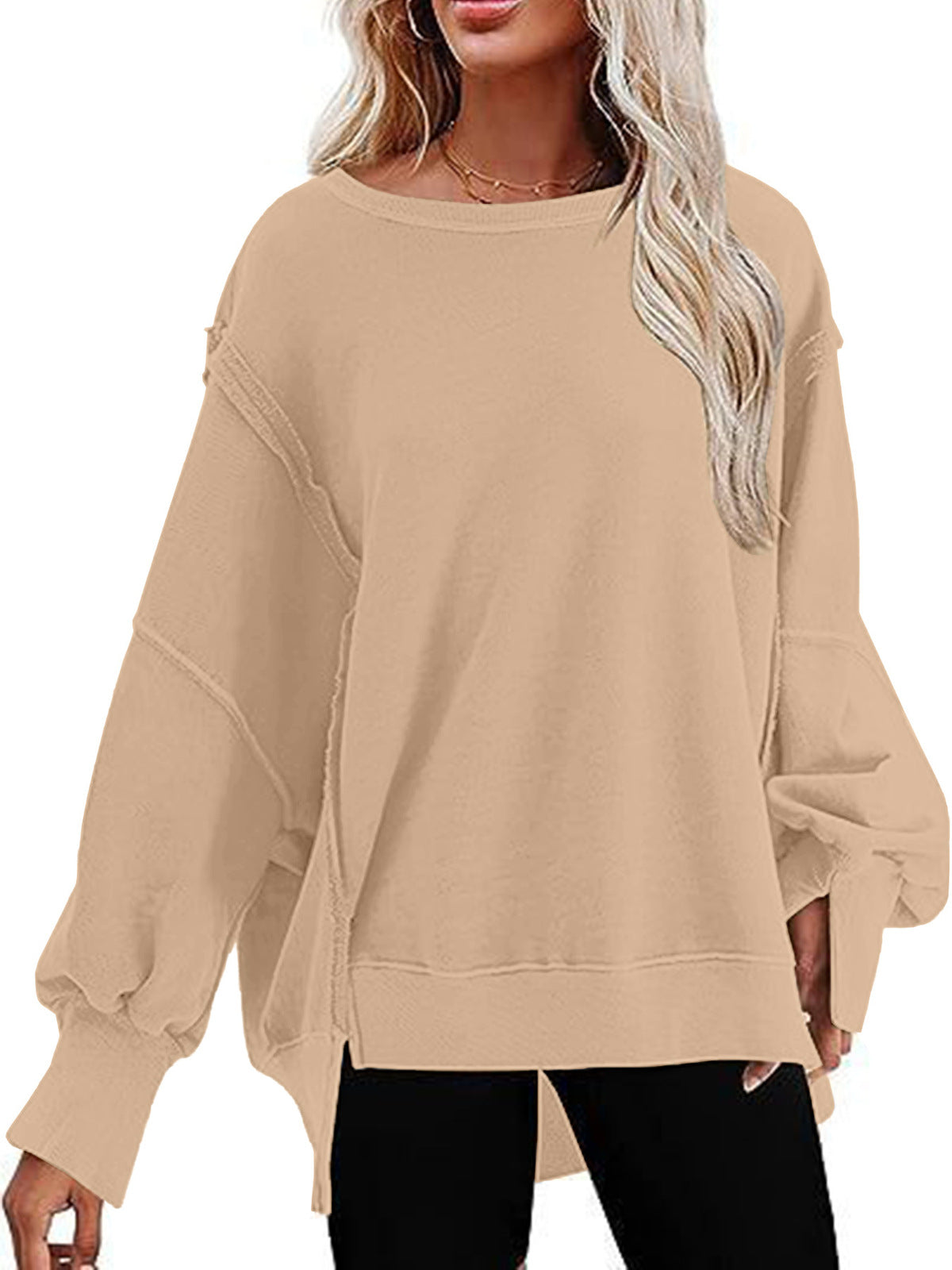 Sudadera informal de otoño para mujer, holgada, de color liso, con cuello redondo y manga larga