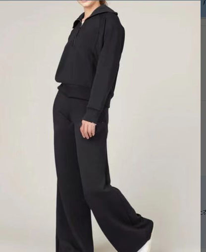 Conjunto de dos piezas formado por top y pantalón con cremallera, manga larga, color liso, informal, para mujer