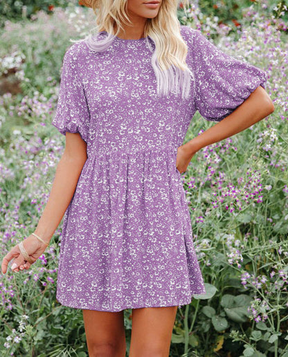 Vestido informal holgado de manga corta con estampado floral y mangas farol para mujer