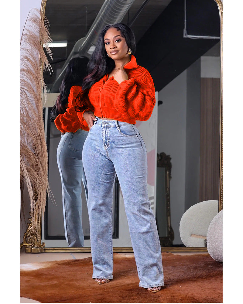 Women Casual Loose Solid Color Zipper Lapel Knitted Sweater