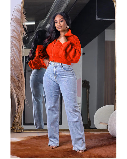 Women Casual Loose Solid Color Zipper Lapel Knitted Sweater