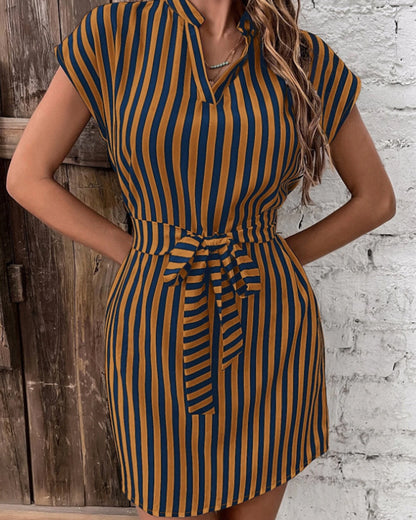 Spring Summer Casual Women Sleeveless Stripe Lace-Up Shirt Dress