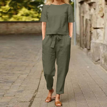 Conjunto de pantalones casuales de algodón y lino de color sólido para mujer