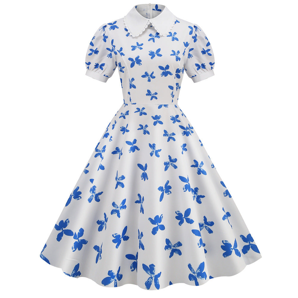 Women Vintage Summer Floral Printed Short-Sleeved Doll Collar Casual Large Swing Dress