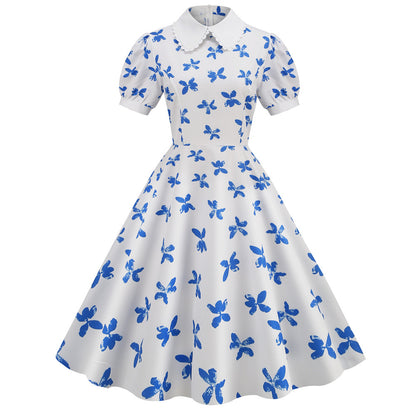 Women Vintage Summer Floral Printed Short-Sleeved Doll Collar Casual Large Swing Dress