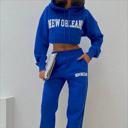 Conjunto deportivo informal de moda para mujer, con capucha y pantalones de chándal, estampado de letras y nombre de ciudad y bolsillo