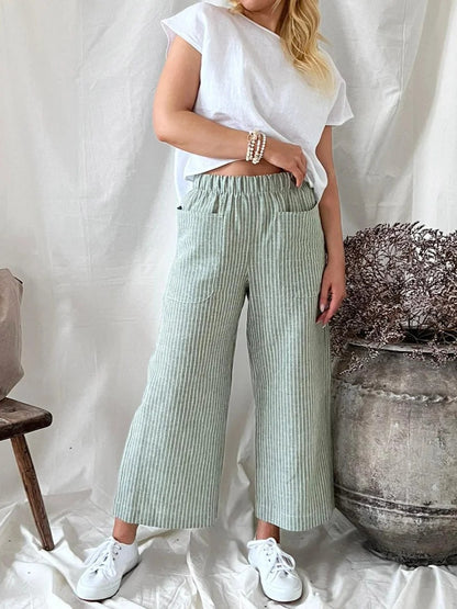 Women'S Fashion Casual Cotton Linen Stripe Loose Wide Leg Pants