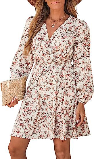 Women Fall Winter Casual V-Neck Floral Printed Loose Long Sleeve Dress