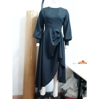 Women Fashion Solid Color Elegant Irregular Hemline Long Sleeve Round Neck Casual Midi Dress