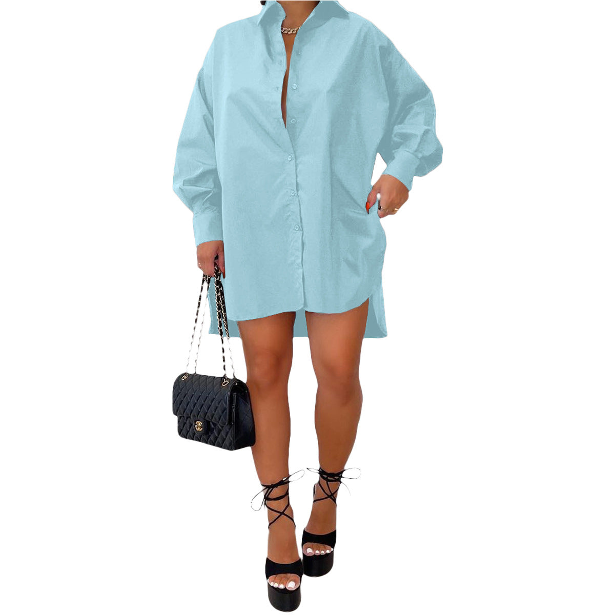 Women Casual Basic Solid Color Sideslit Single-breasted Shirt Dress