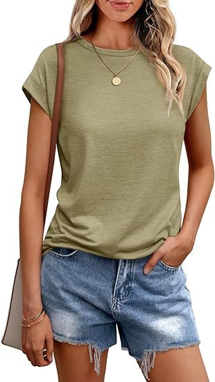 Camiseta informal de verano para mujer, color liso, cuello redondo, manga corta, sin mangas