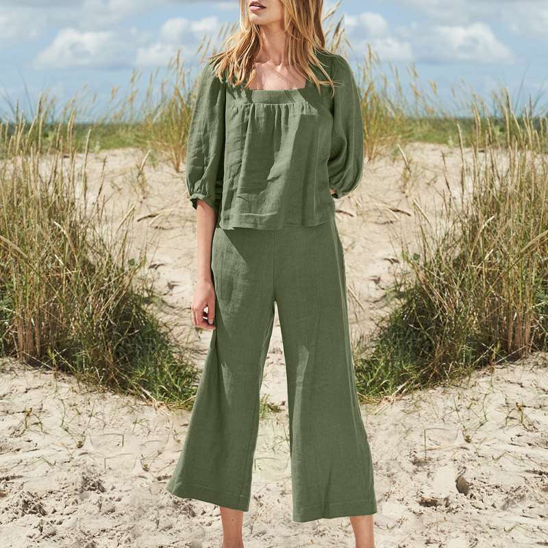 Conjunto de top y pantalón de lino y algodón de color liso informal a la moda para mujer