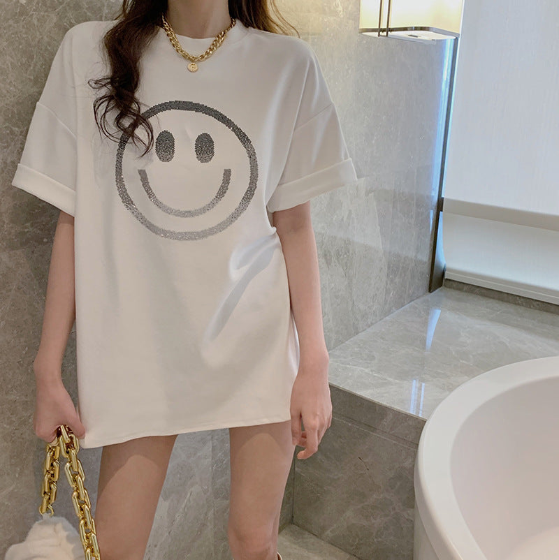 Camiseta básica informal de verano para mujer, holgada, con estampado de sonrisas y manga corta