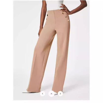 Women Fashion Casual High Waist Button Elastic Straight Pants