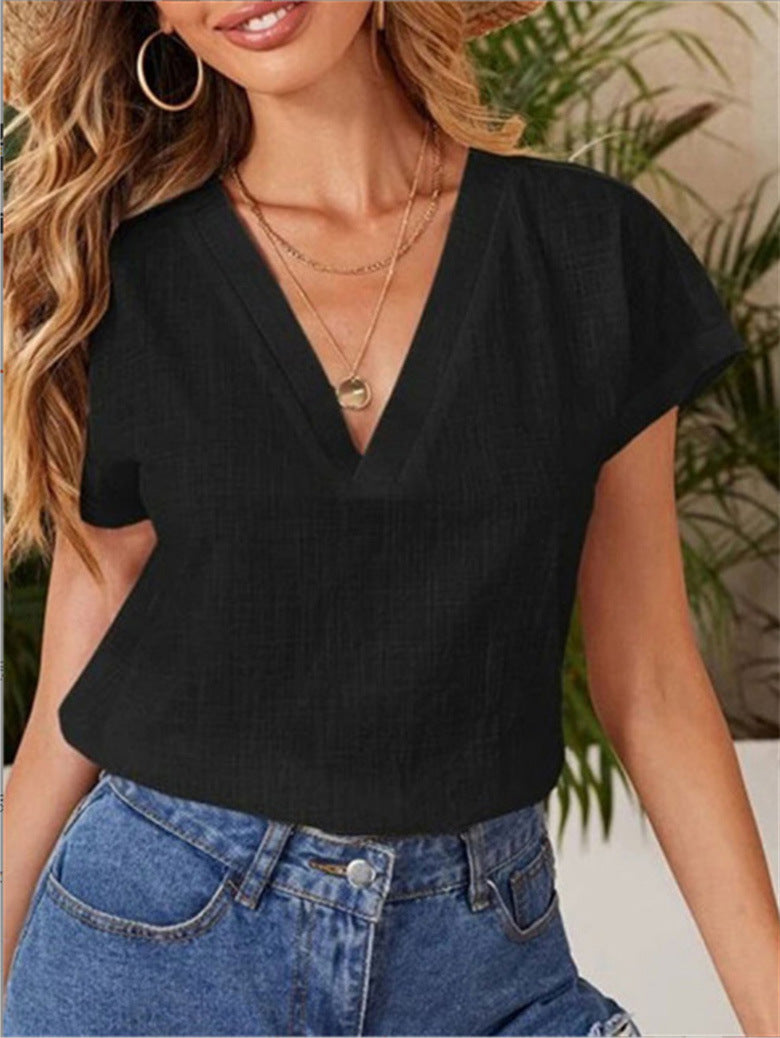 Blusa informal de verano para mujer, de color liso, holgada, de manga corta y cuello en V