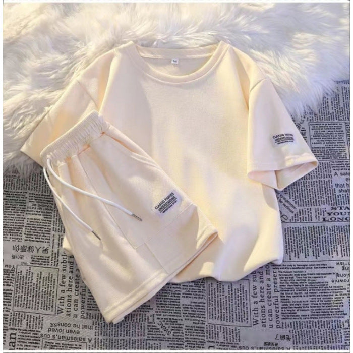 Women Fashion Casual Solid Color Round Neck Short Sleeve Top Shorts Sports Set