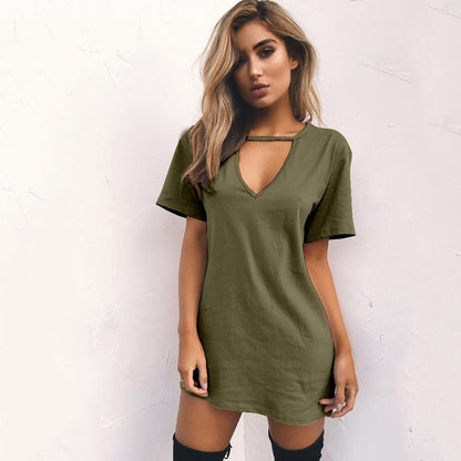 Vestido mini holgado informal básico de manga corta con cuello en V para mujer