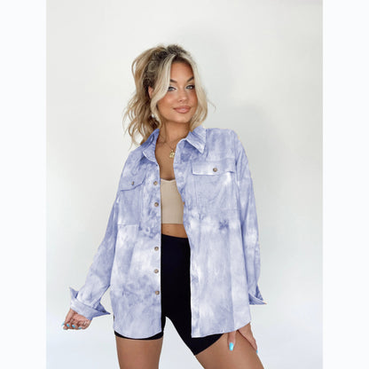 Casual Fashion Women Tie Dye Print Long Sleeve Shacket Blouse