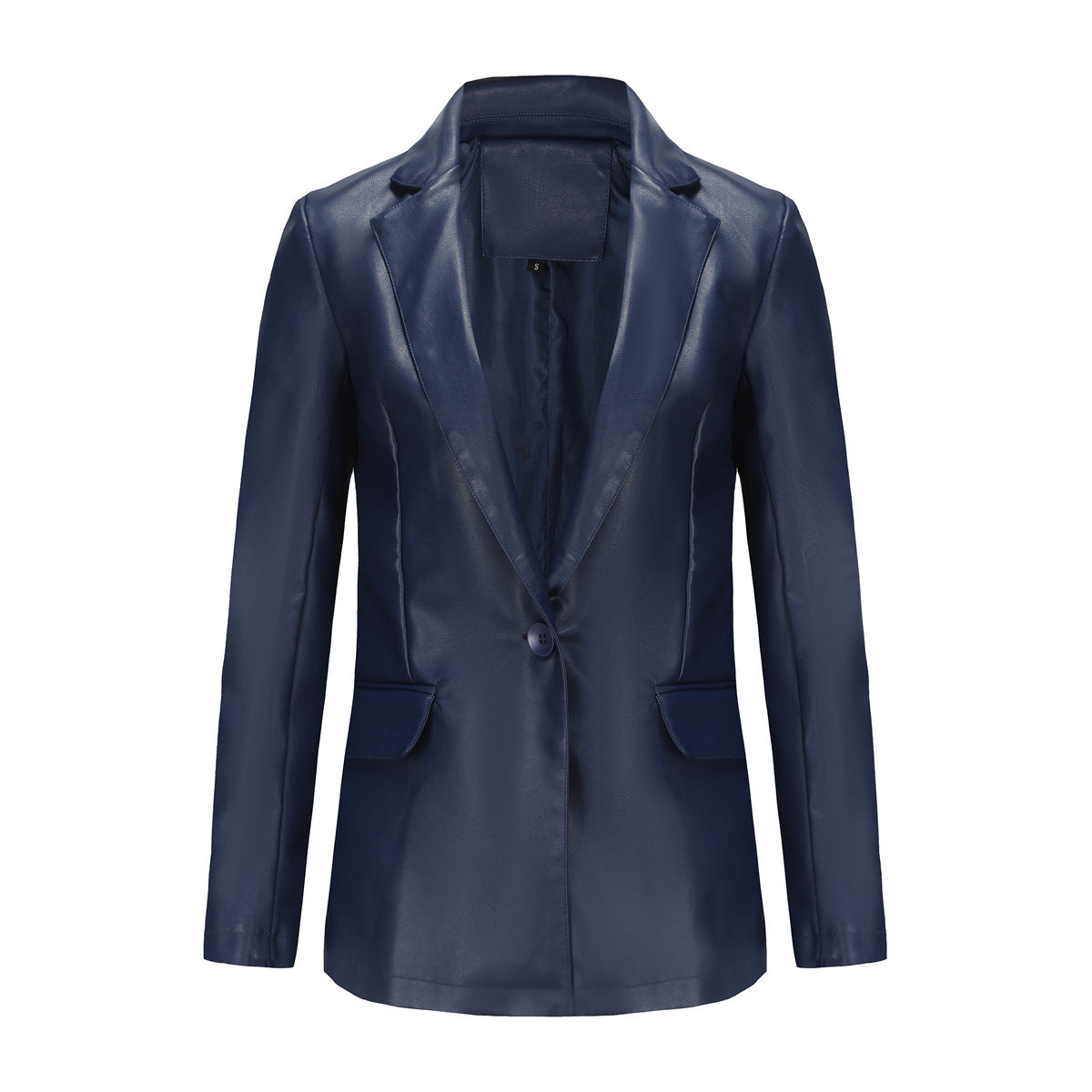 Chaqueta blazer informal de PU de manga larga con solapa de color sólido para mujer