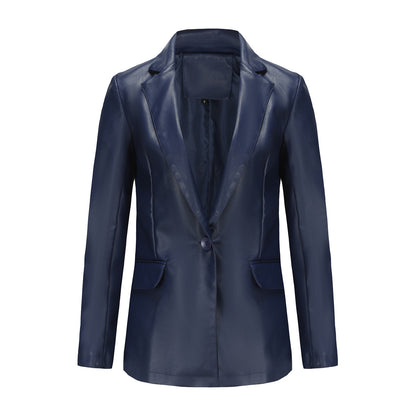 Chaqueta blazer informal de PU de manga larga con solapa de color sólido para mujer