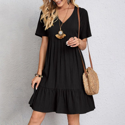 Women Casual Loose Solid Color Pleated V-Neck Short-Sleeve Dress
