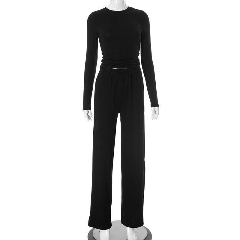 Conjunto de dos piezas para mujer, informal, básico, de color liso, con top de manga larga y pantalones anchos