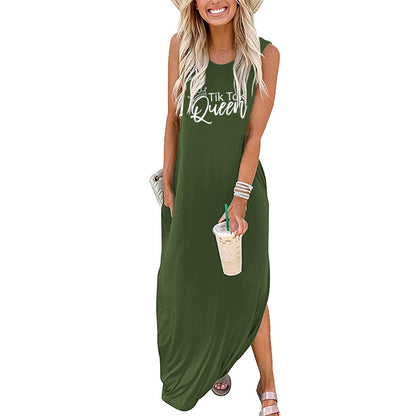 Vestido largo informal sin mangas con estampado de letras Queen para mujer