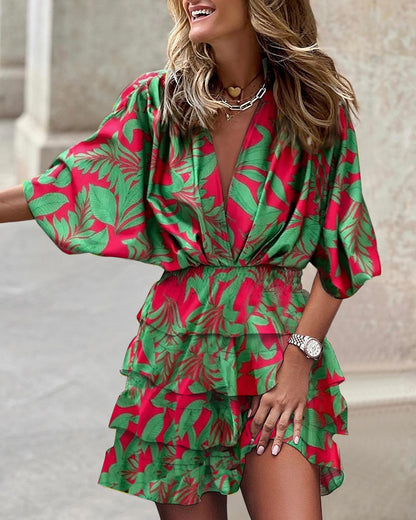 Vestido informal de vacaciones para mujer, con estampado de bloques de color, escote en V, mangas cortas, cintura definida y volantes