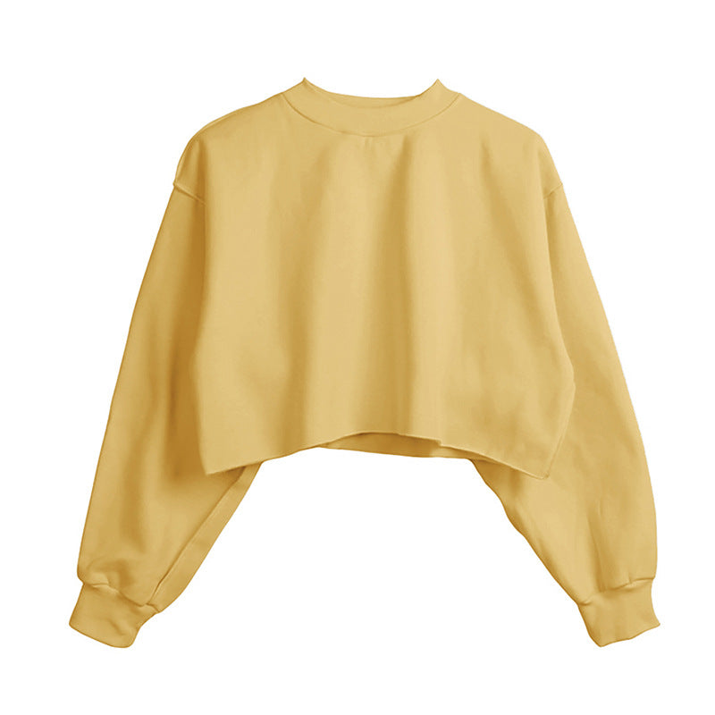 Sudadera corta informal de manga larga con cuello redondo y color liso para mujer de otoño e invierno