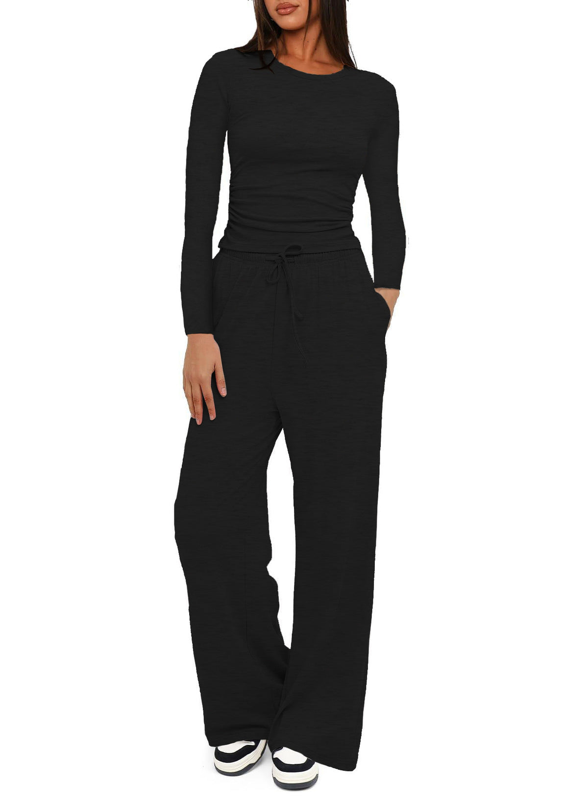 Conjunto de dos piezas formado por camiseta y pantalón de pierna ancha, cintura alta, color liso, informal, sencillo, para mujer