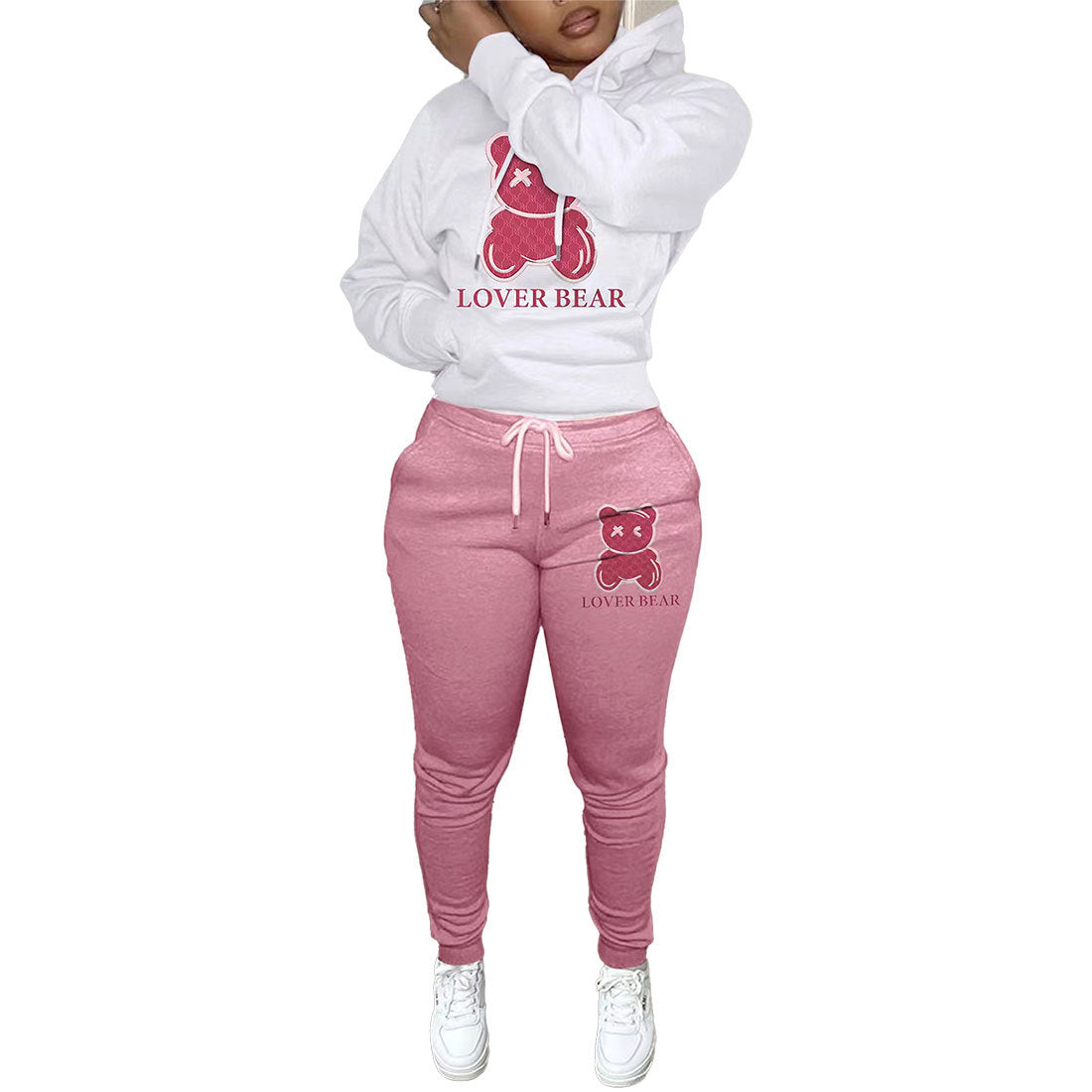 Autumn Winter Thickened Hooded Bear Pattern Sweatshirt And Pants Women Casual Athleisure Set