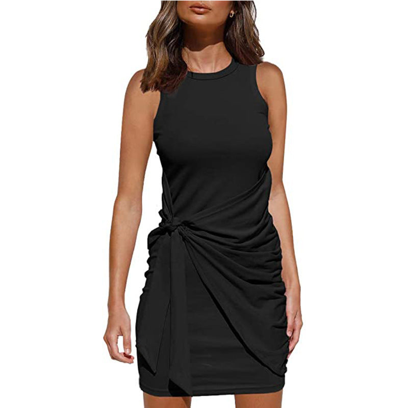 Vestido informal sin mangas con lazo de color liso a la moda para mujer