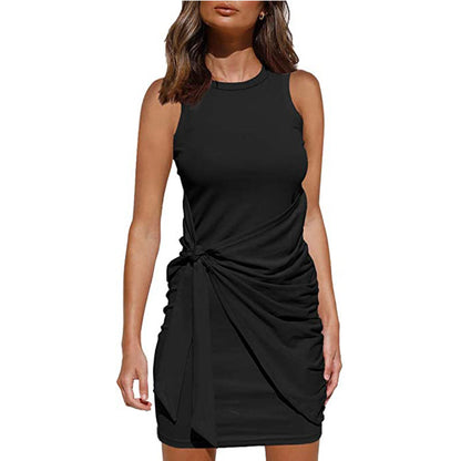 Vestido informal sin mangas con lazo de color liso a la moda para mujer