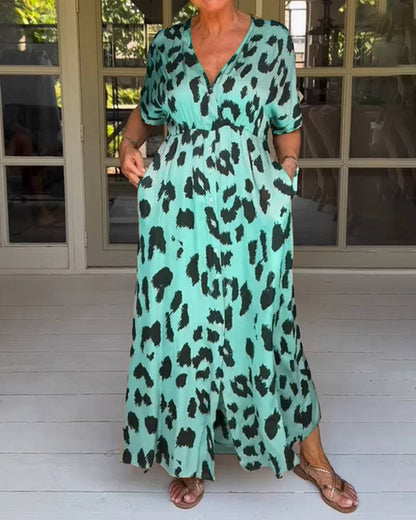 Women Fashion Loose Casual Leopard Print V-Neck Short Sleeve Maxi Dress