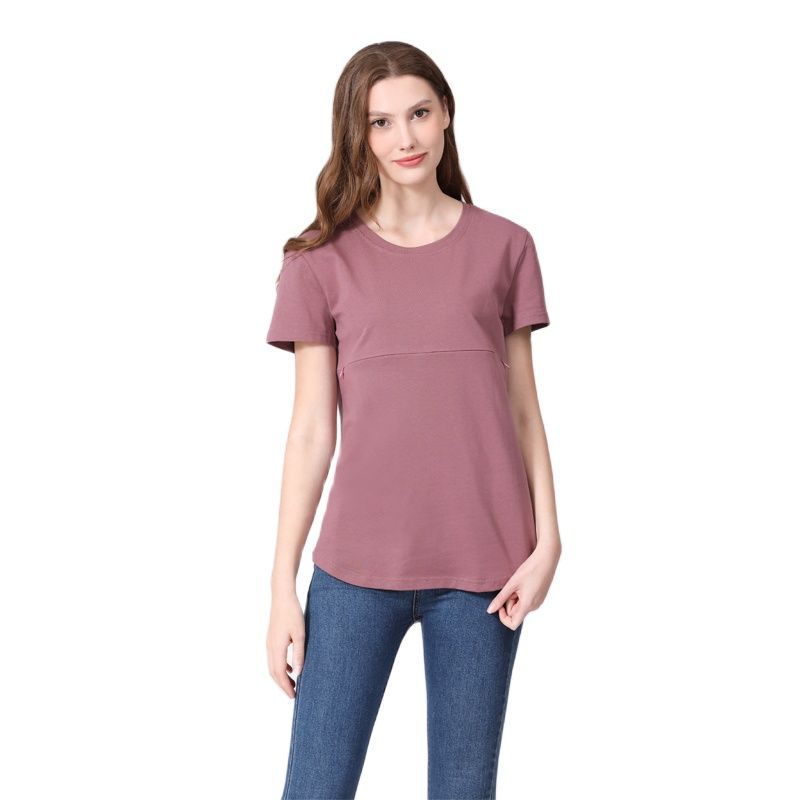 Camiseta informal de algodón de manga corta con cremallera para mujer embarazada y lactante