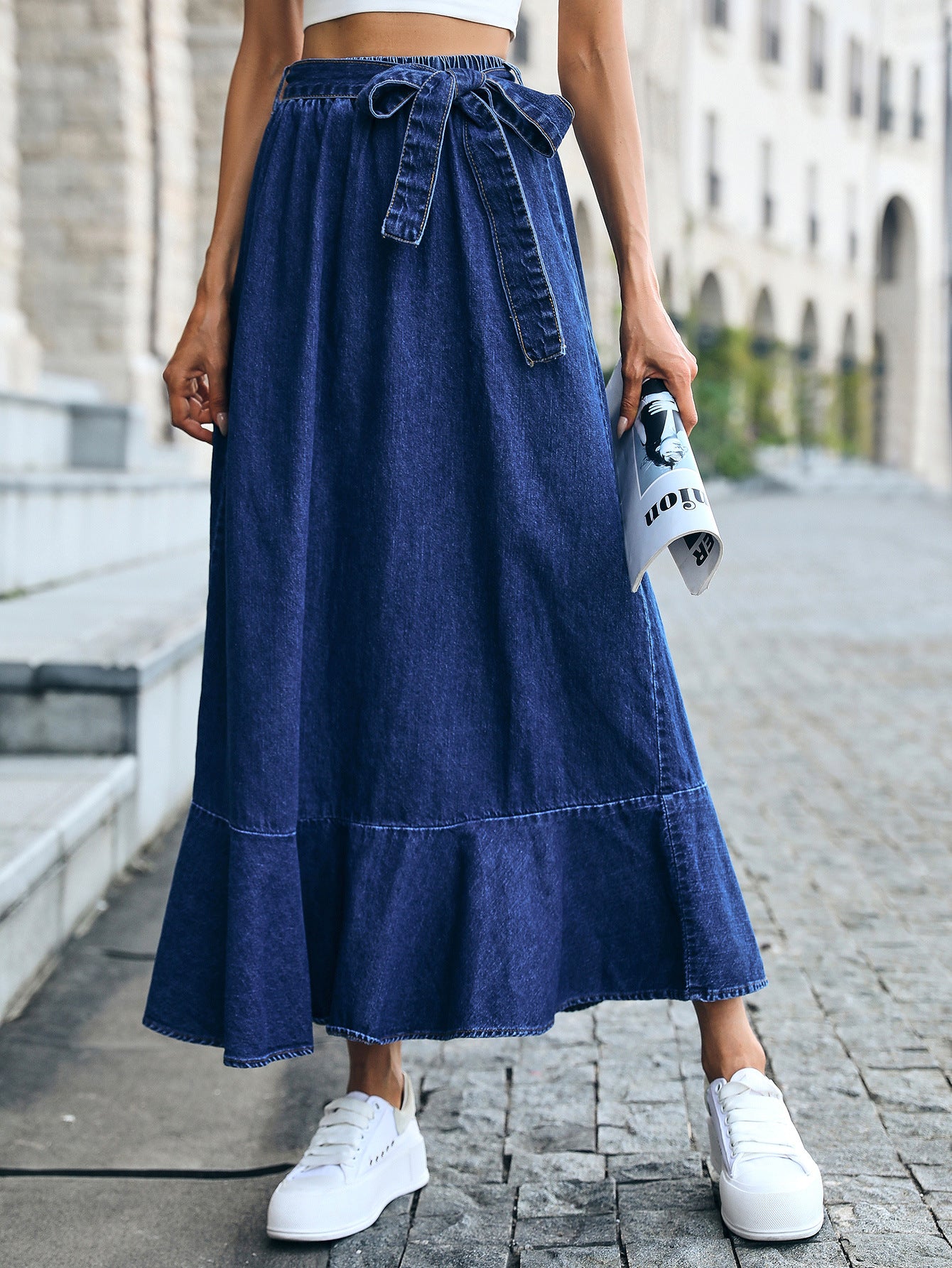 Women Fashion Casual Ruffled Pleated Denim Skirt
