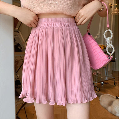 Women Casual Solid Color Pleated Summer High Waist Chiffon Skirt