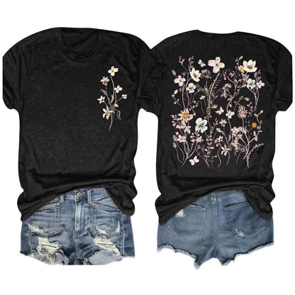 Camiseta informal de manga corta con cuello redondo y estampado floral para mujer