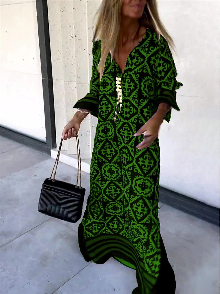Women Casual Boho Style Geometry Stripe Print Long Sleeve V Neck Loose Maxi Dress