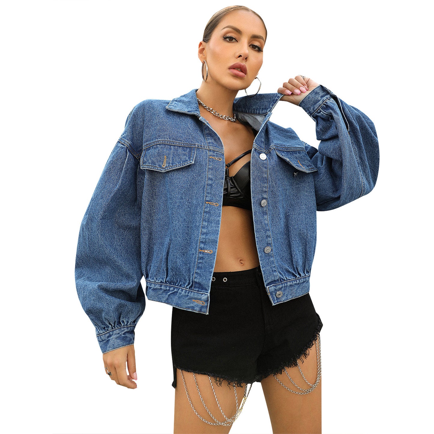 Chaqueta vaquera corta holgada estilo callejero informal para mujer