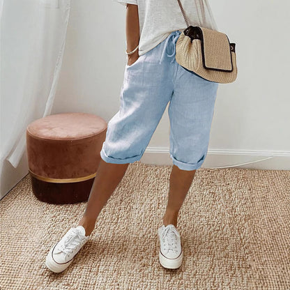 Women Casual Cotton And Linen Solid Color Pocket Pants