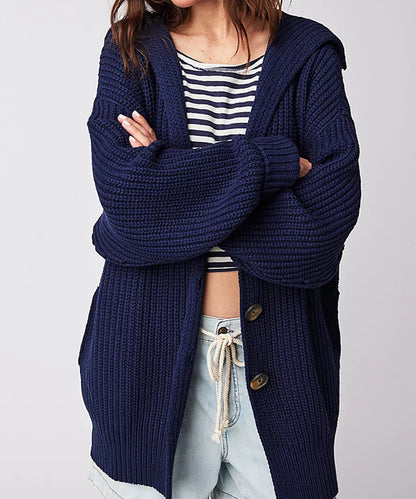 Casual Cozy Autumn And Winter Women Solid Color Lapel Pocket Knitted Cardigan Button Mid-Length Jacket