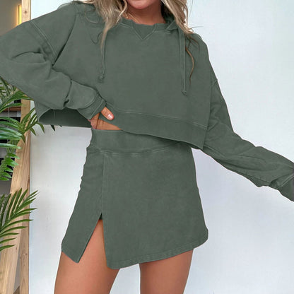 Women Fashion Casual Solid Color Long Sleeve Hooded Sweater Split Skirt Two-Piece Set