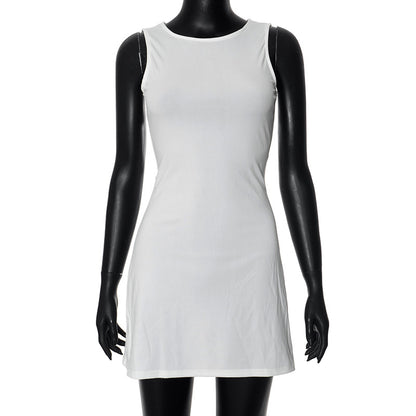 Vestido mini informal de verano para mujer, color liso, cuello redondo, sin mangas