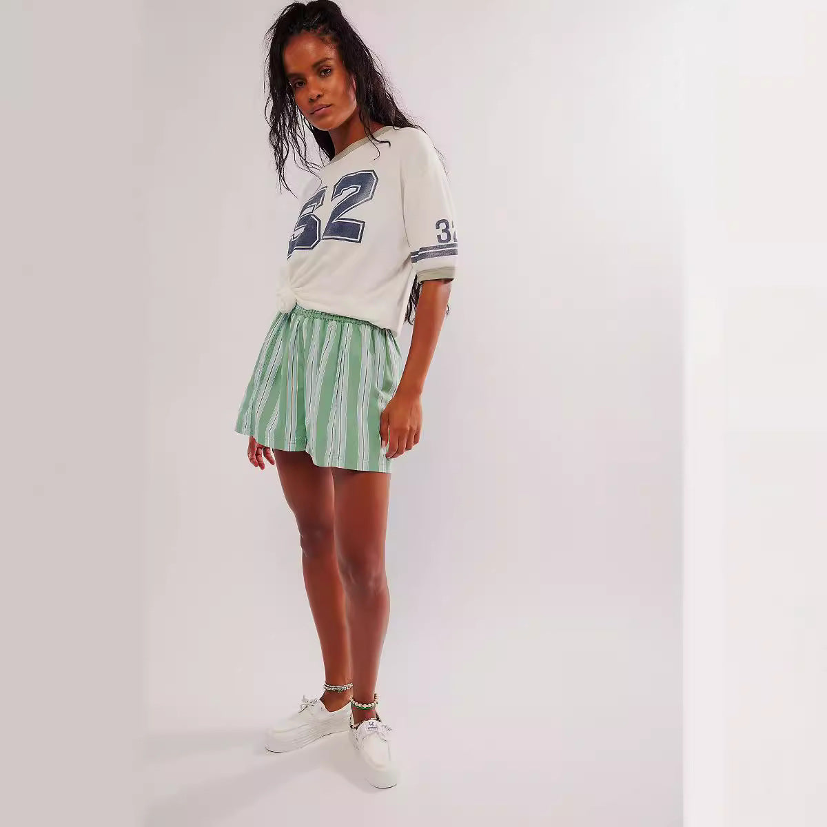 Women Casual Stripe Print High Waist Shorts