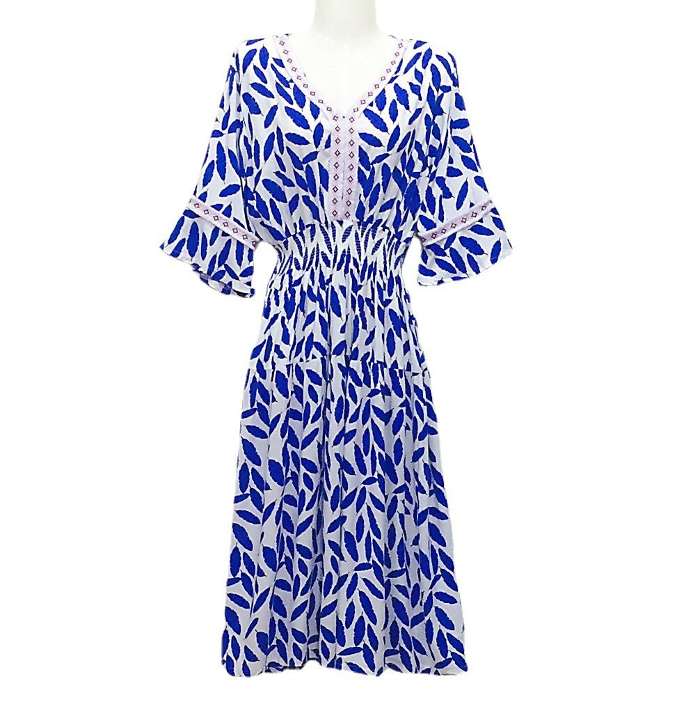 Vestido midi holgado informal de verano con cuello en V y mangas acampanadas para mujer