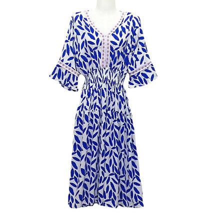 Vestido midi holgado informal de verano con cuello en V y mangas acampanadas para mujer