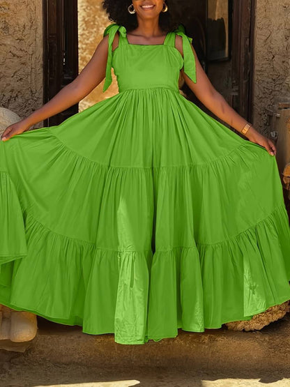 Summer Women Fashion Casual Bow Lace Sleeveless Large Pendulum Maxi Dress