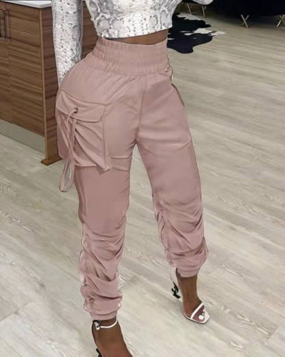 Women Fashion Casual Solid Color High Waist Pleated Pants